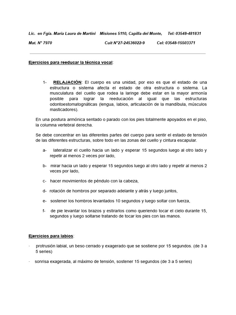 Ejercicios de Reeducación Vocal y Respiratoria | PDF | Respiración ...