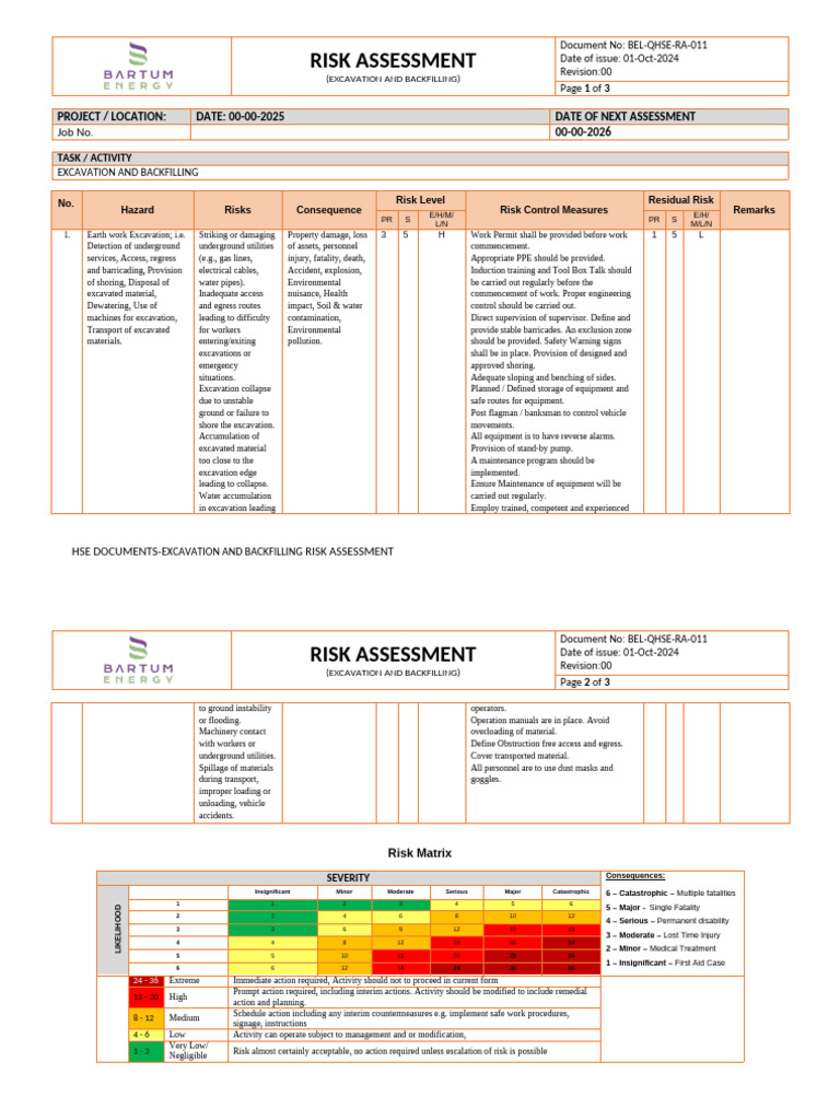 Excavation and Backfilling Risk Assessment | PDF | Risk | Risk Assessment