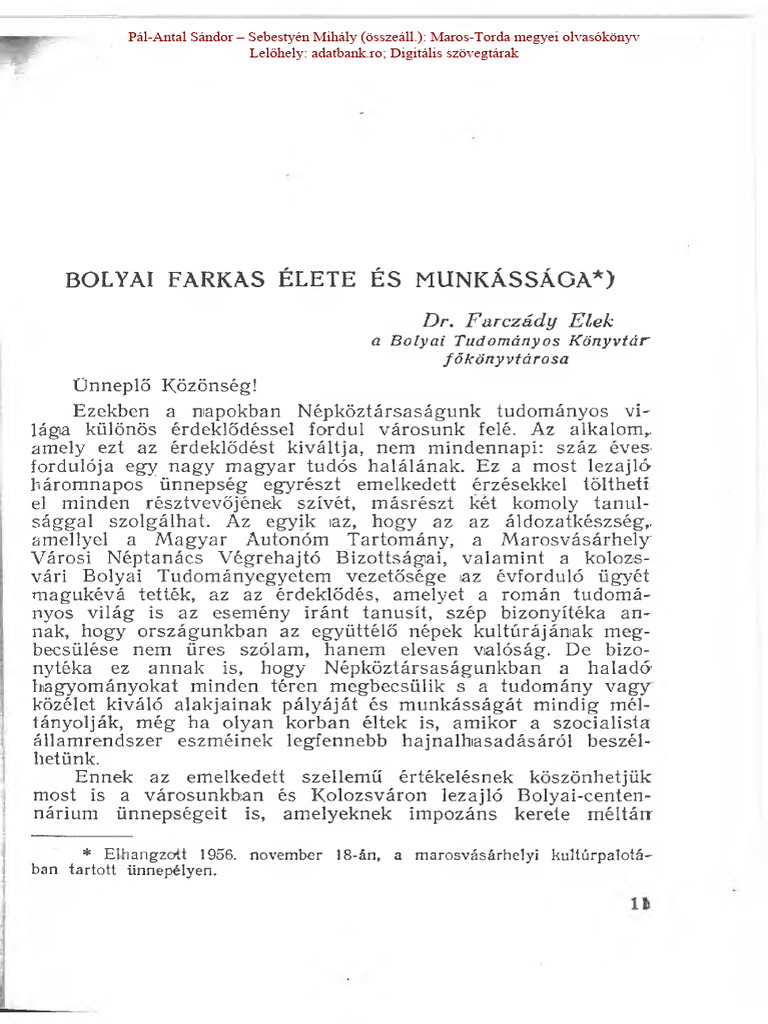 DR Farczády Elek - Bolyai Farkas Élete És Munkássága | PDF