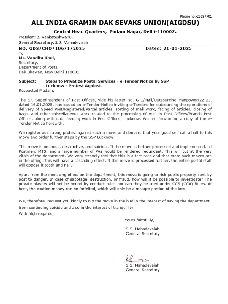 Letter To DG Posts | PDF | Mail | Service Industries