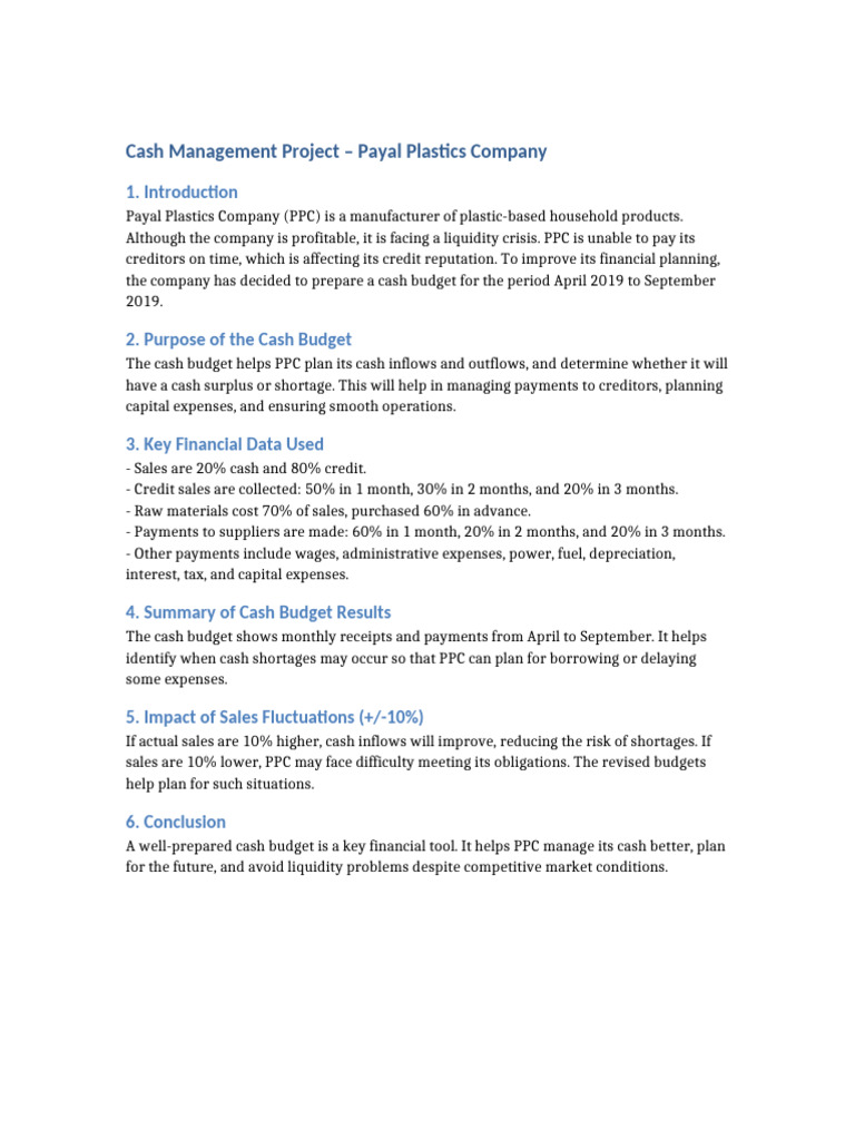 Cash Budget for Payal Plastics Company | PDF