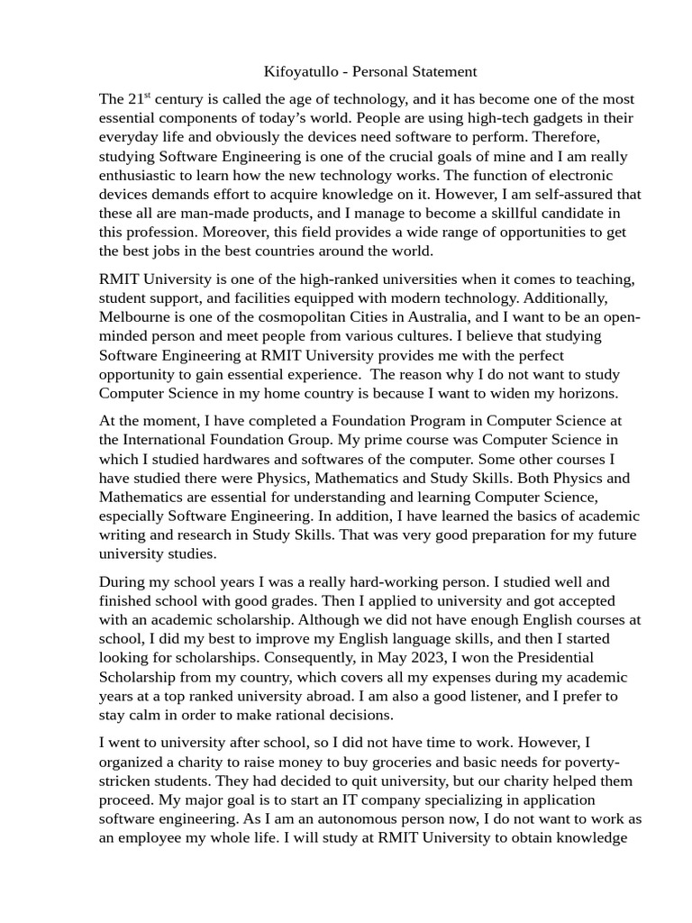 Personal Statement for Software Engineering | PDF | Computer Science ...