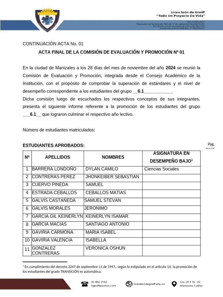 Acta Final de Comision y Evaluacion 2024 Sexto Uno | PDF ...