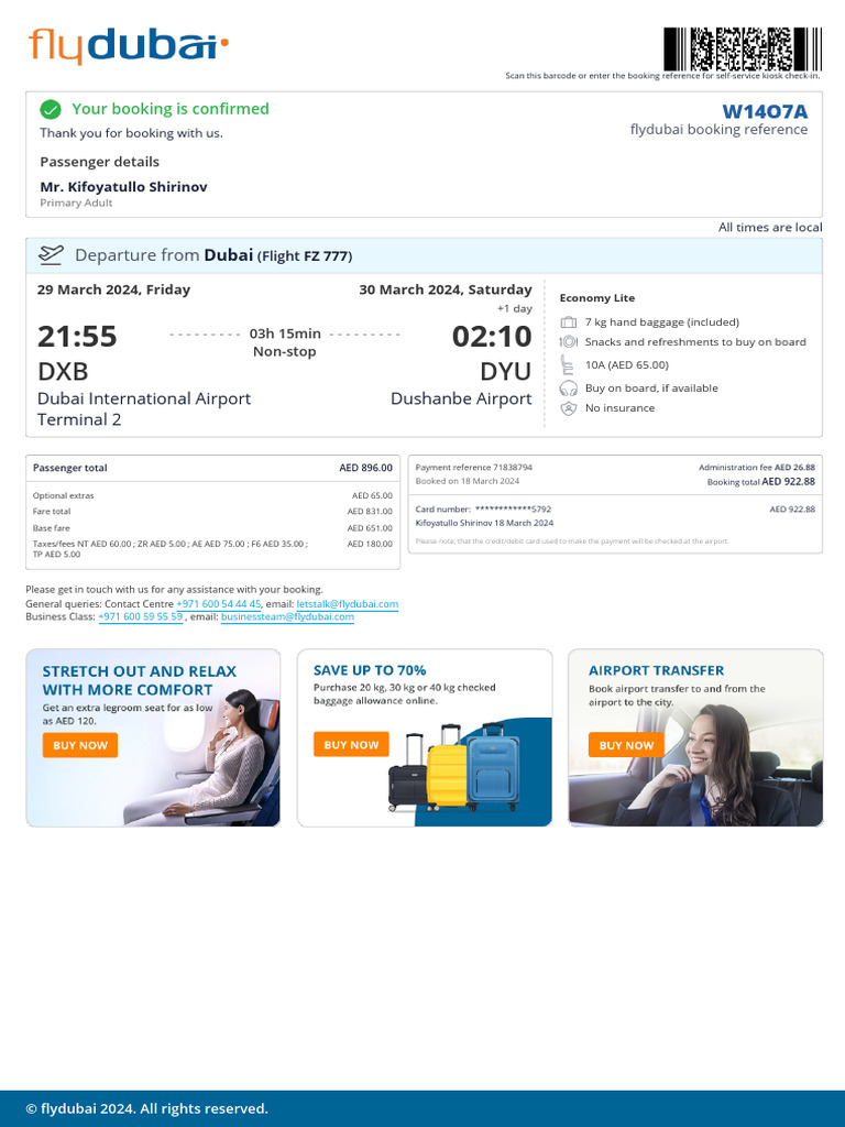 Flight Confirmation: DXB to DYU | PDF | Banking Technology | Public ...