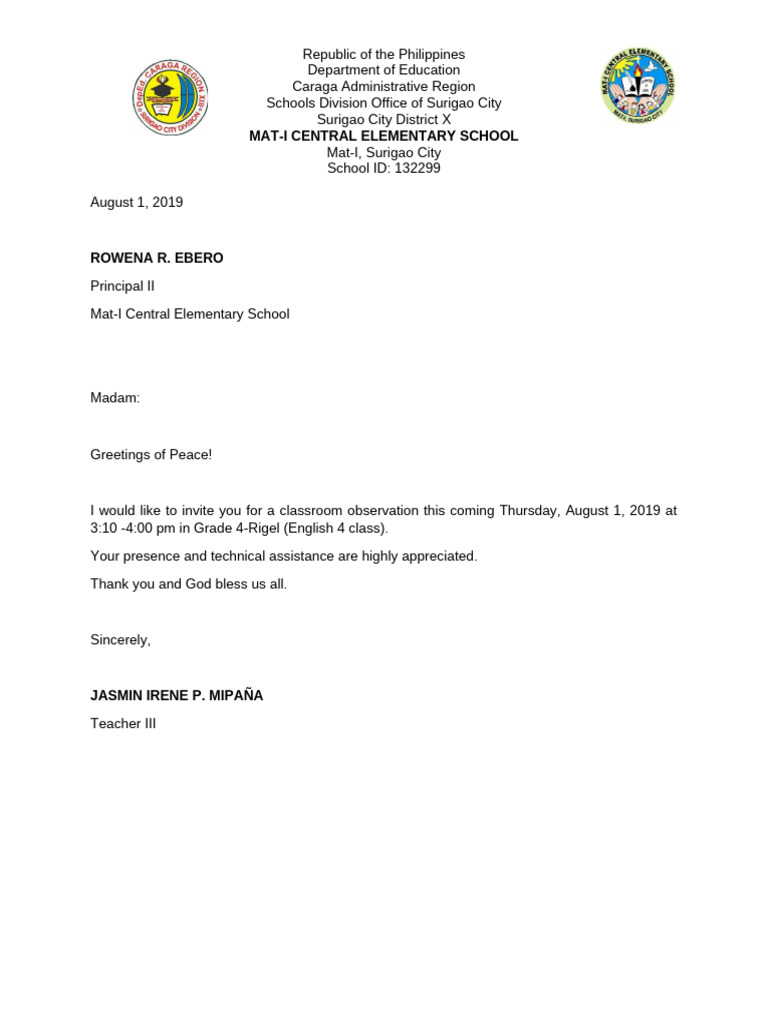 Classroom Observation Invitation for Grade 4 | PDF