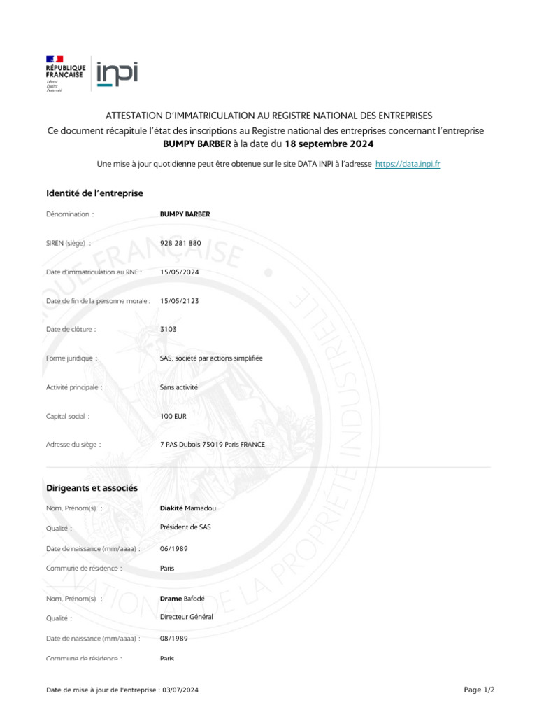 Immatriculation de Bumpy Barber au RNE | PDF
