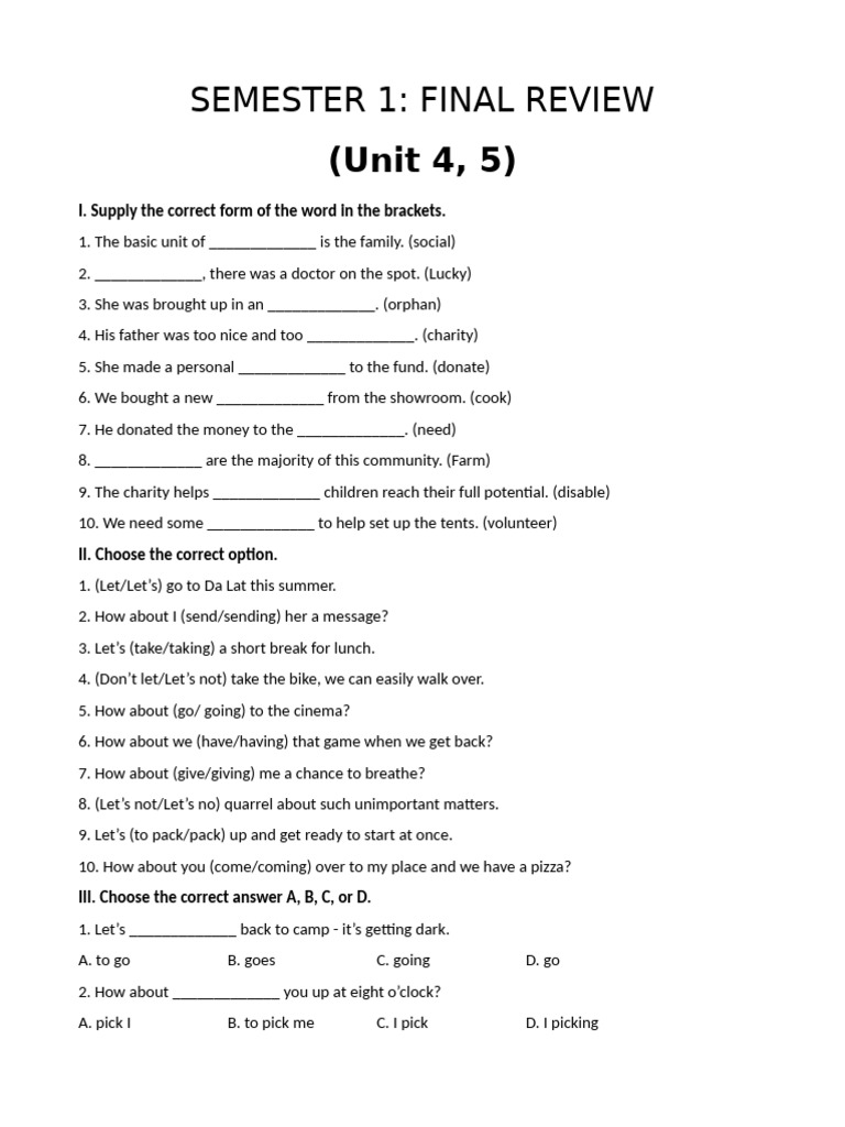 Semester 1 Final Review: English Exercises | PDF | Community