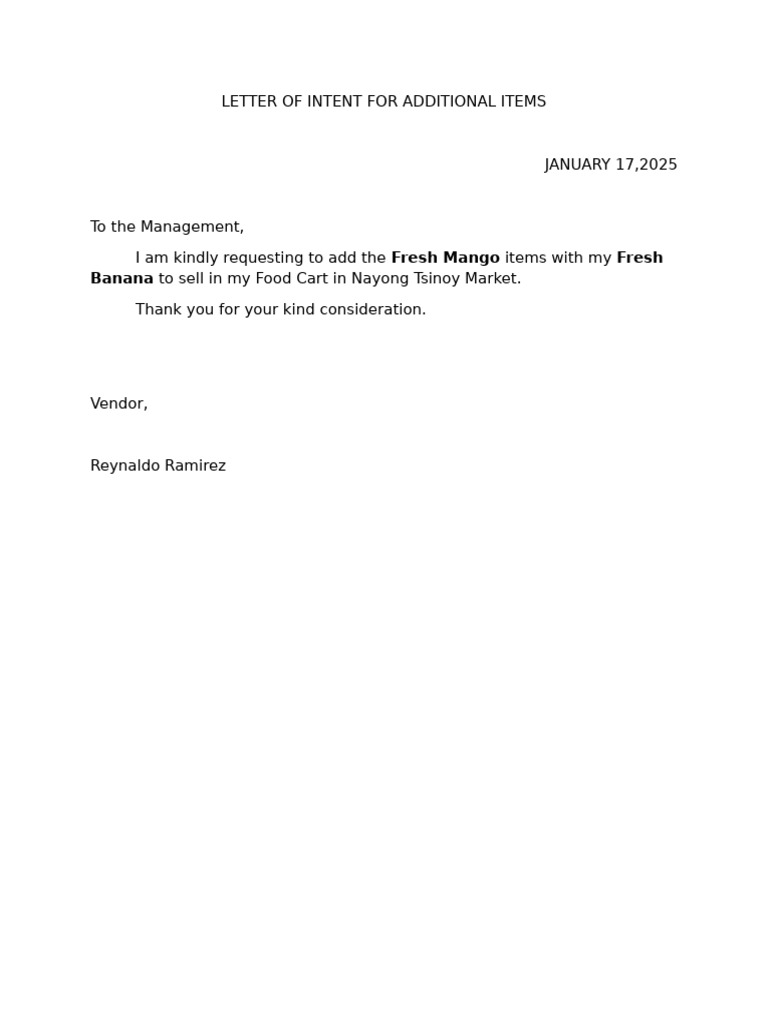 Letter of Intent For Additional Items | PDF