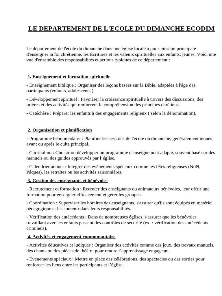 École du Dimanche : Mission et Organisation | PDF | École du dimanche