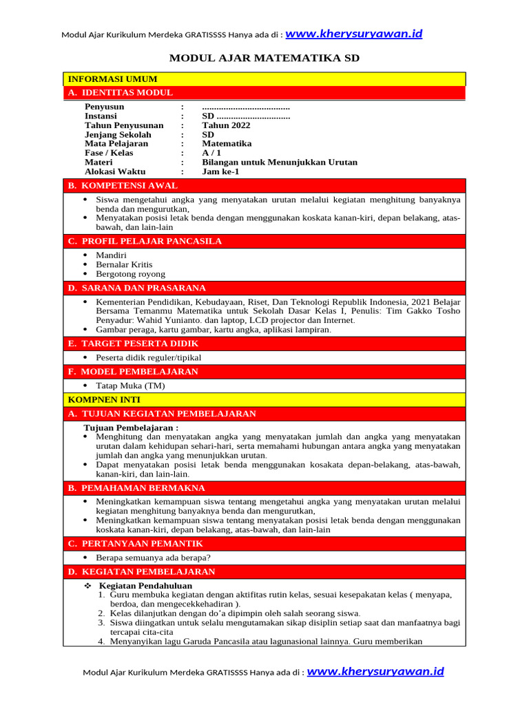 Modul Ajar Matematika BAB 3 KELAS 1 - WWW - Kherysuryawan.id | PDF