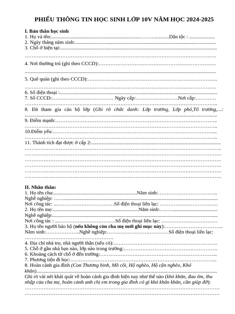 Phieu Thong Tin Hoc Sinh - 10V NH 24-25 | PDF