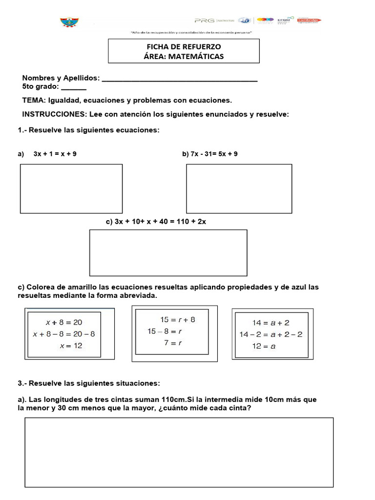 Ecuaciones y Problemas para 5to Grado | PDF