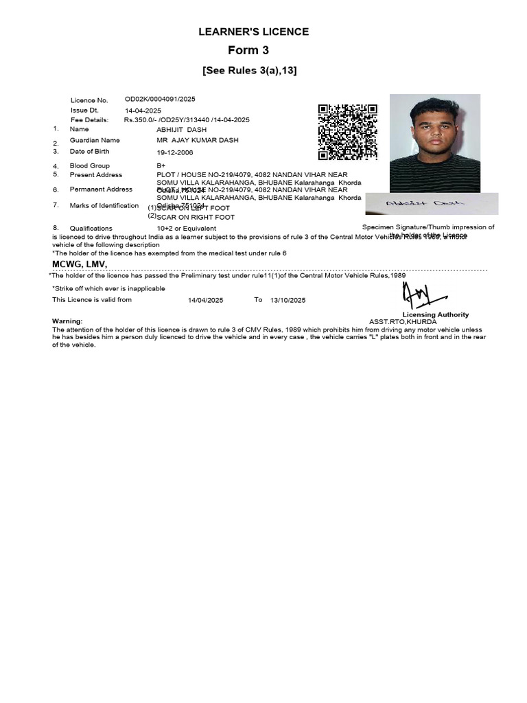 Form 3: Learner'S Licence | PDF | Vehicle Operation | Road Transport