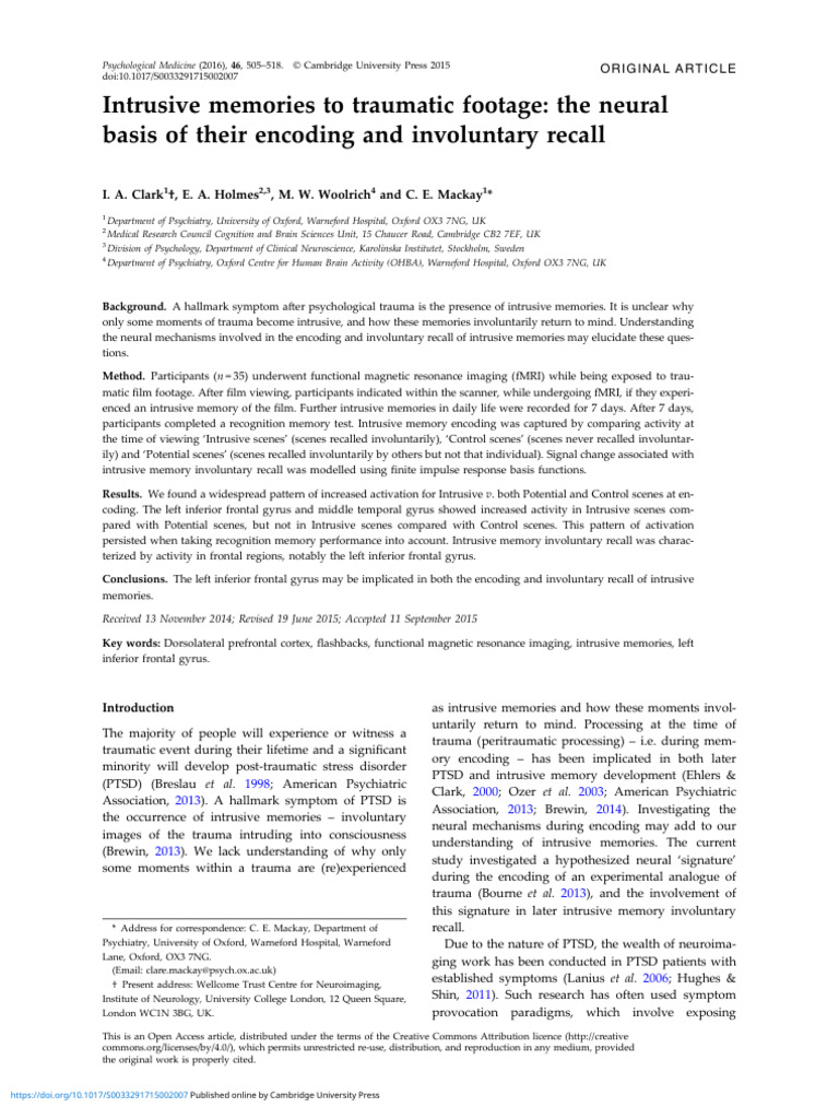 Intrusive Memories To Traumatic Footage The Neural Basis of Their ...