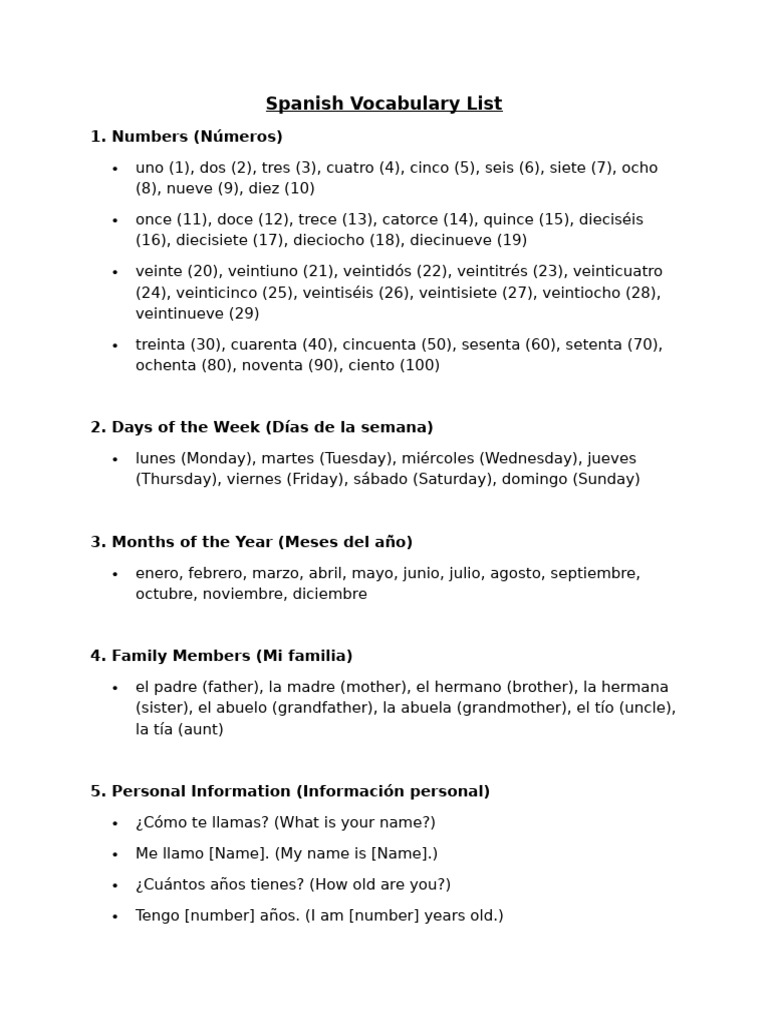 Spanish Vocabulary List: 1. Numbers (Números) | PDF | Color | Arco iris