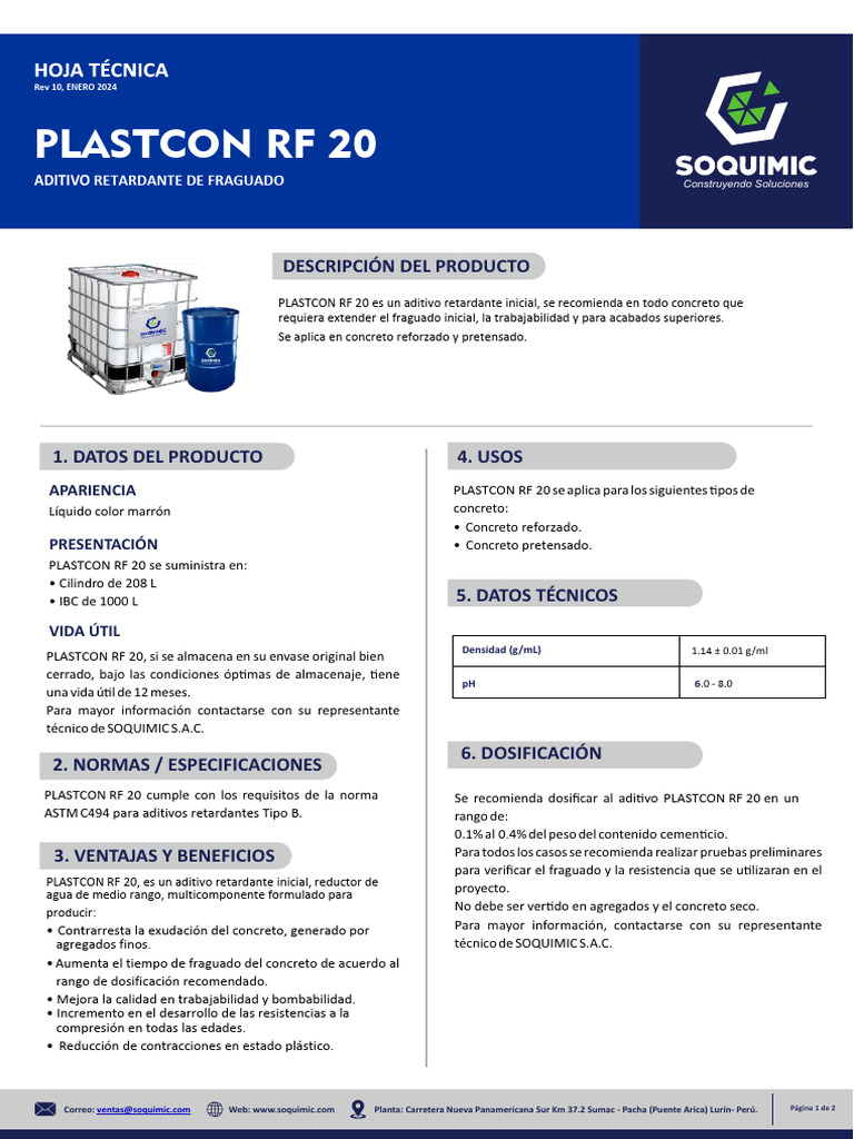Aditivo Retardante PLASTCON RF 20 | PDF | Hormigón | Materiales de ...
