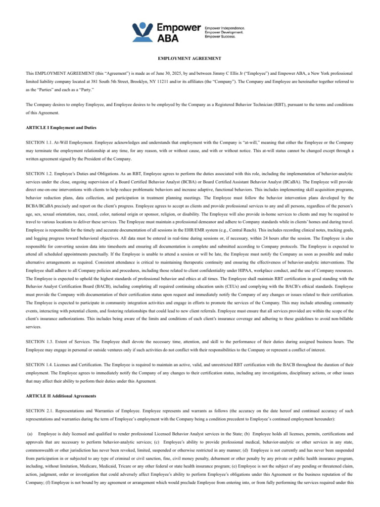 Empower Aba Employee Agreement | PDF | Indemnity | Confidentiality