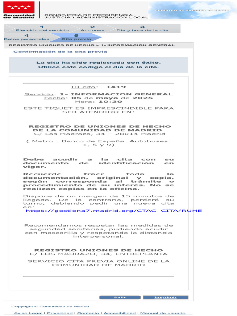 Confirmación de Cita en Registro Madrid | PDF