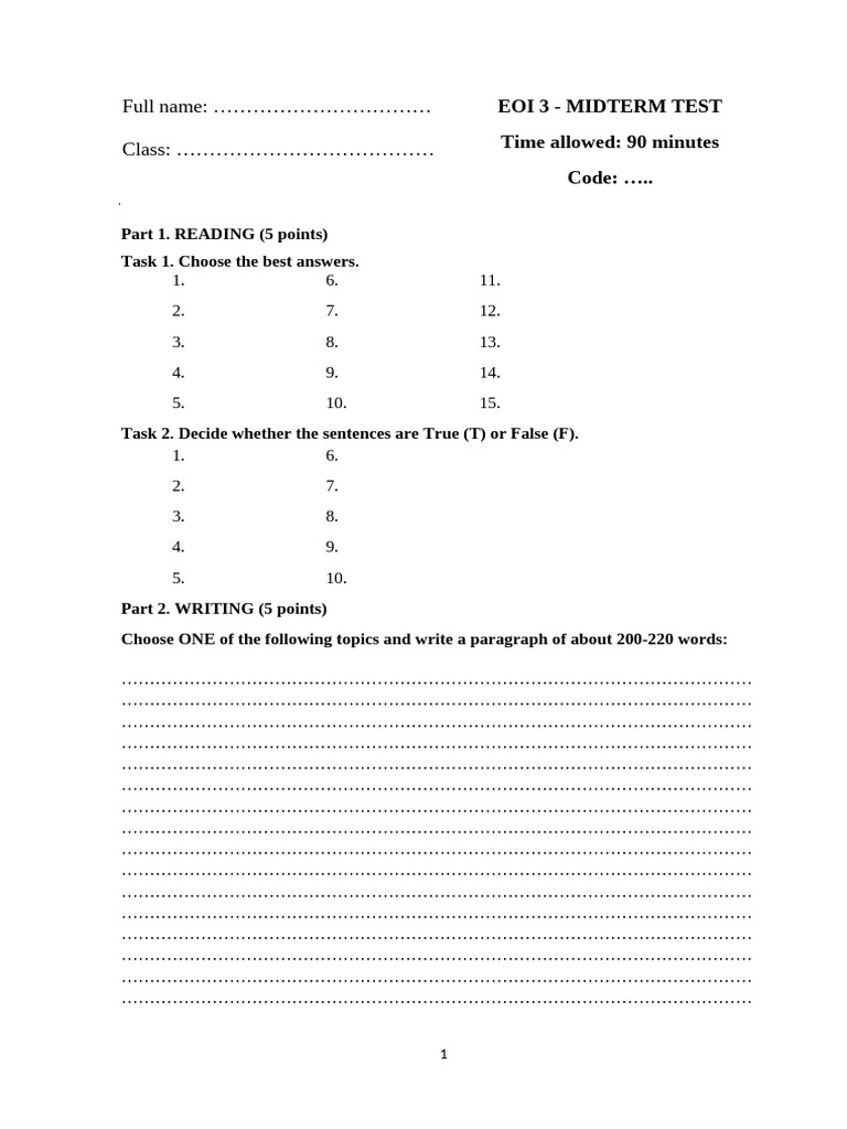 EOI 3 Midterm Test: Reading & Writing | PDF