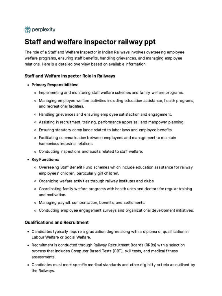 Staff and Welfare Inspector Role in Railways | PDF | Occupational ...