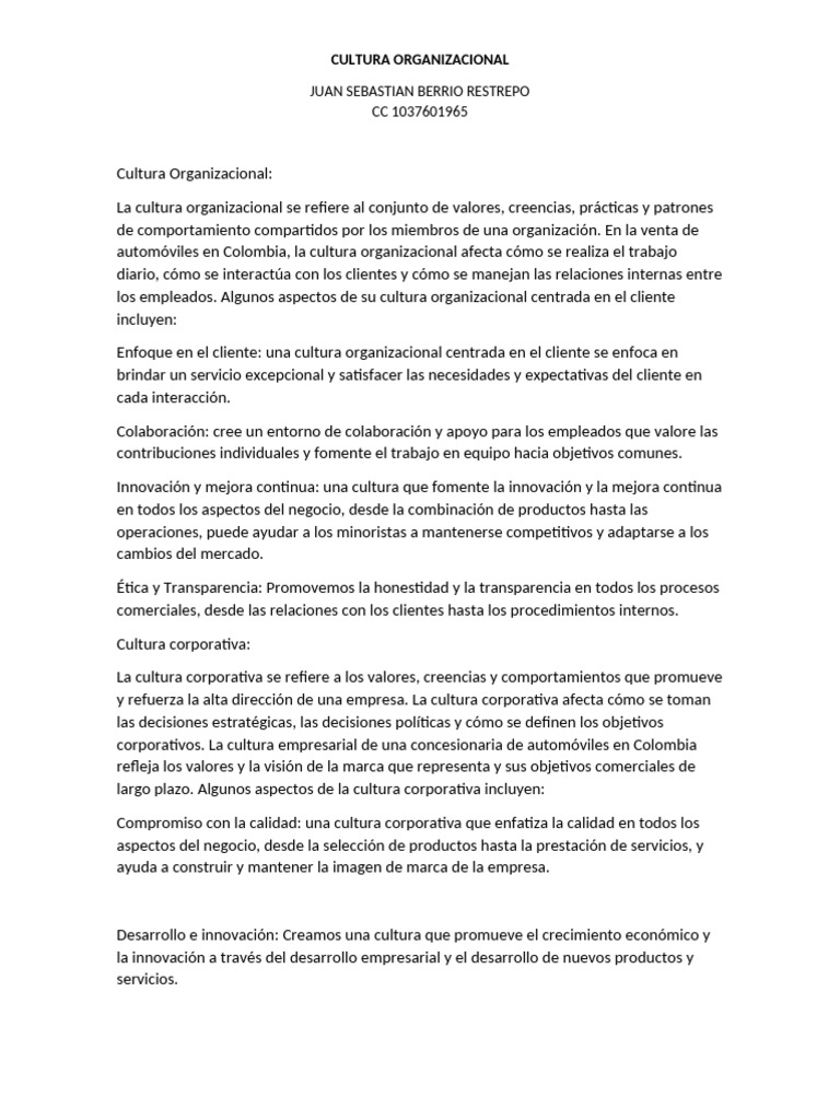 Cultura Organizacional en Ventas de Autos | PDF | Cultura ...