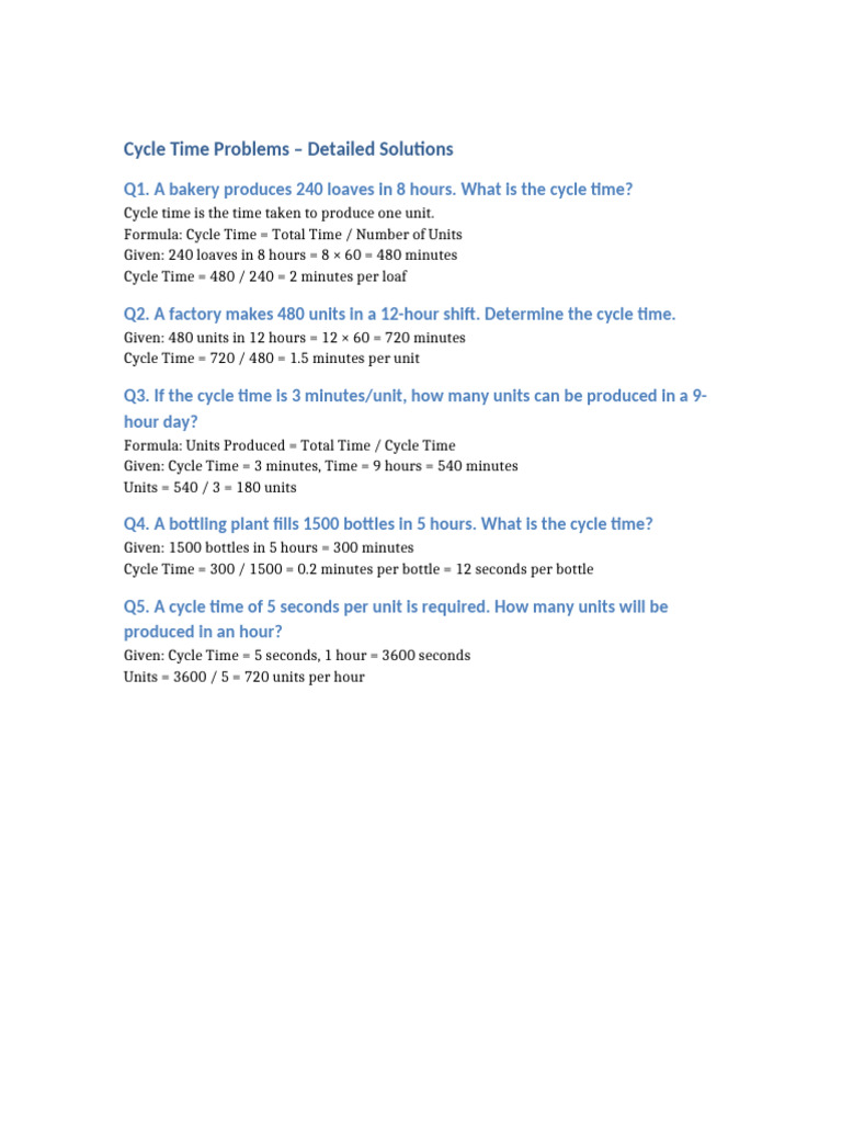 Cycle Time Calculations and Solutions | PDF