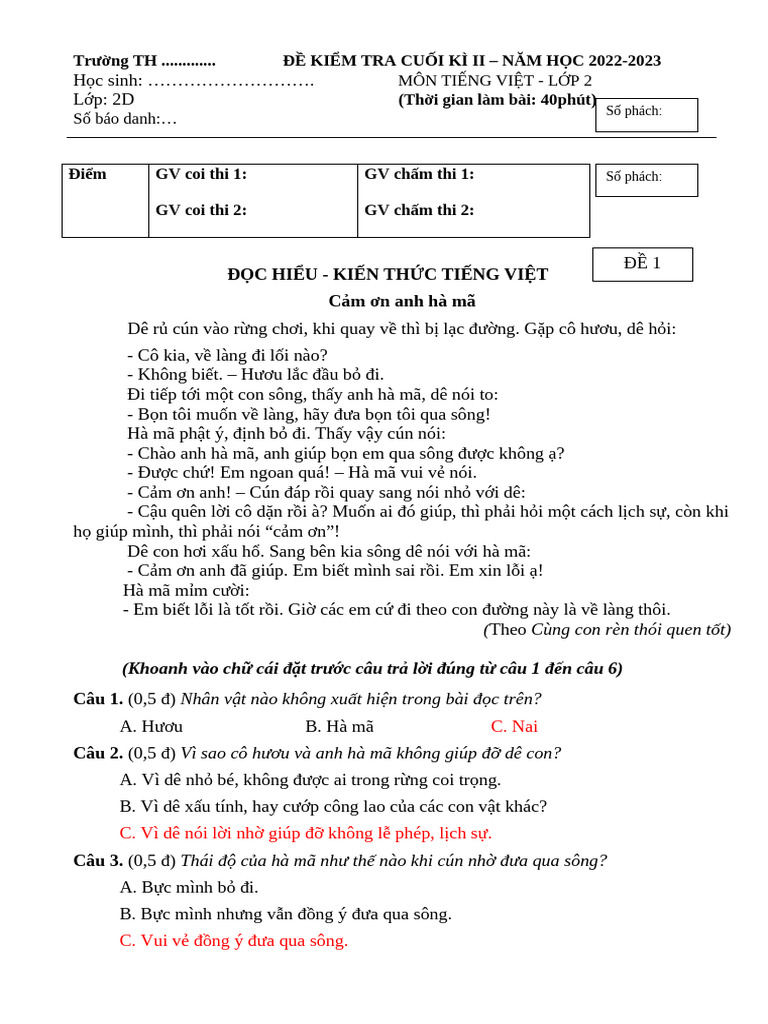 Lop 2 Tieng Viet Thi Hoc Ky 2 | PDF