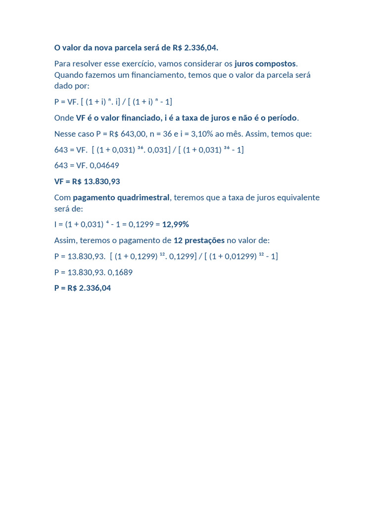 Cálculo de Parcelas em Financiamento | PDF