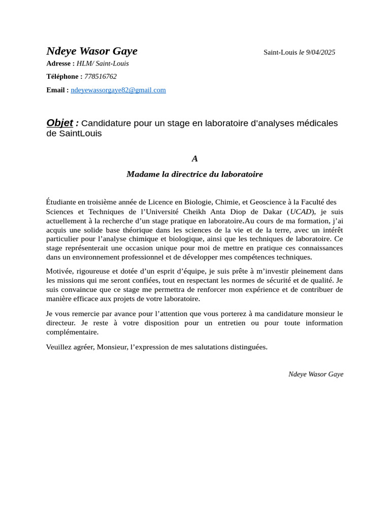 Candidature Stage Laboratoire Médical | PDF