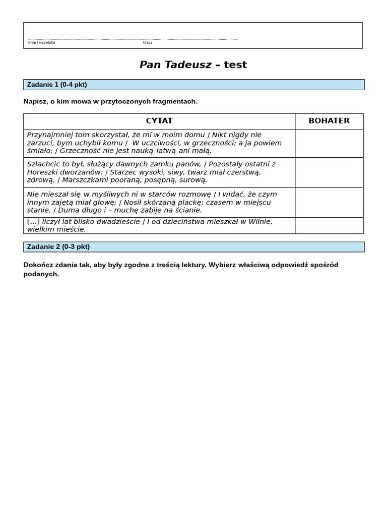 Pan Tadeusz Test | PDF