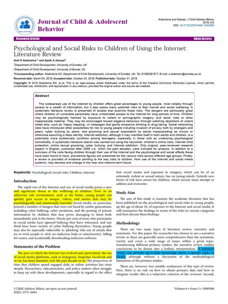 Psychological and Social Risks to Children of Using the Internet ...