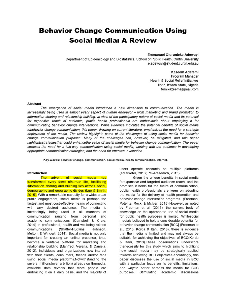 Social Media for Behavior Change Communication | PDF | Social ...