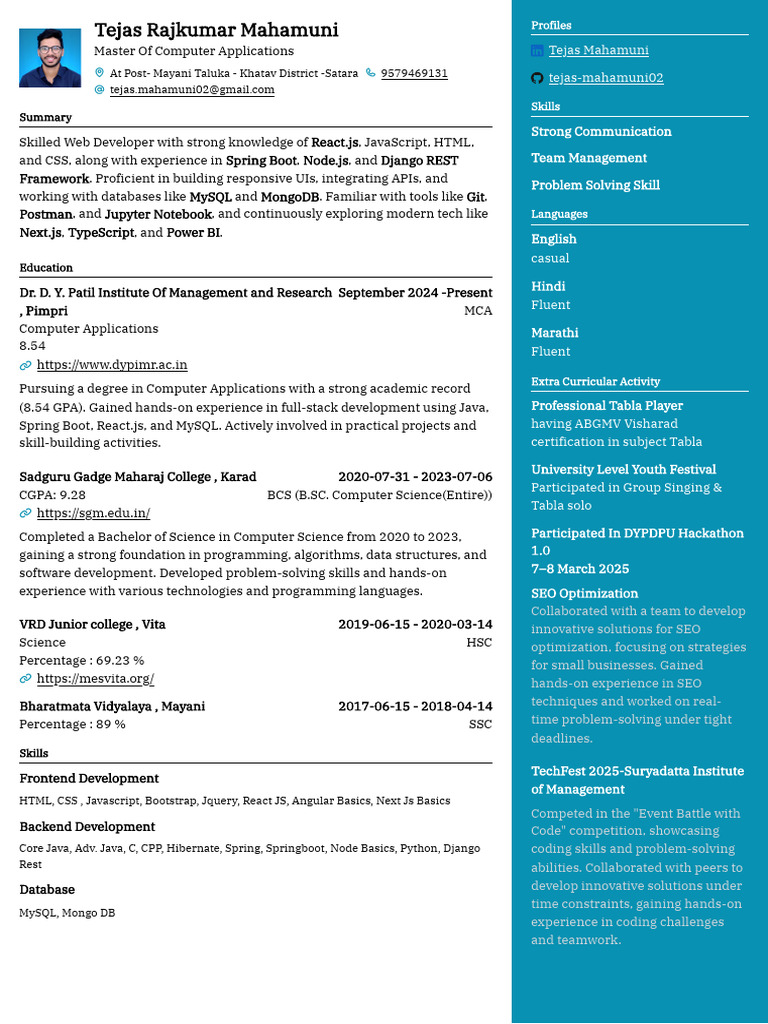 Tejas Mahamuni: Web Developer Profile | PDF | Bootstrap (Front End ...
