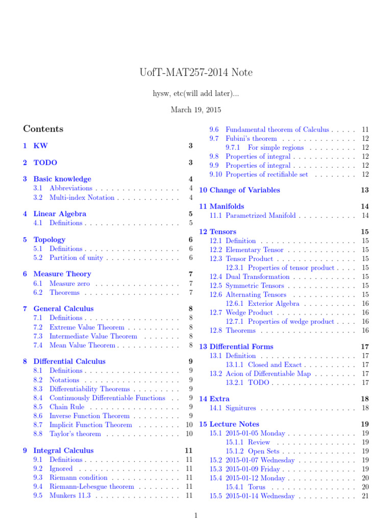 UofT MAT257 Course Notes 2014 | PDF | Tensor | Differential Form