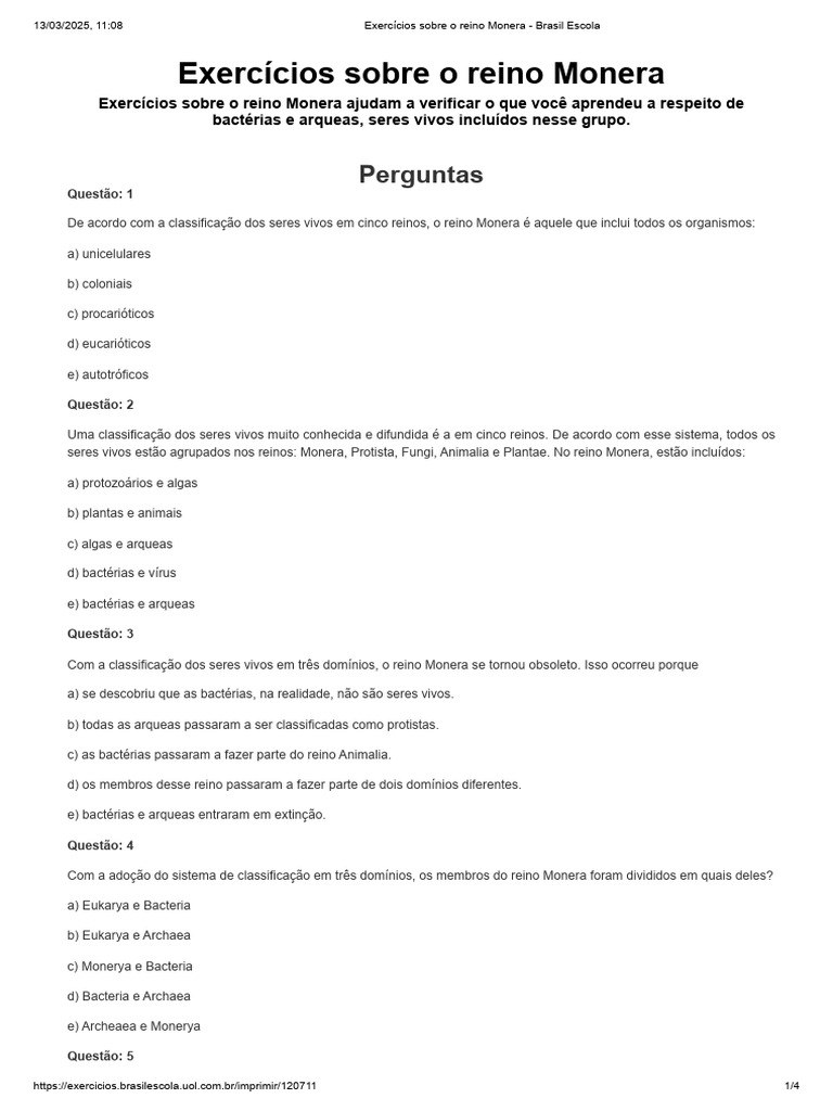 Exercícios sobre o Reino Monera | PDF | Bactérias | Procarionte
