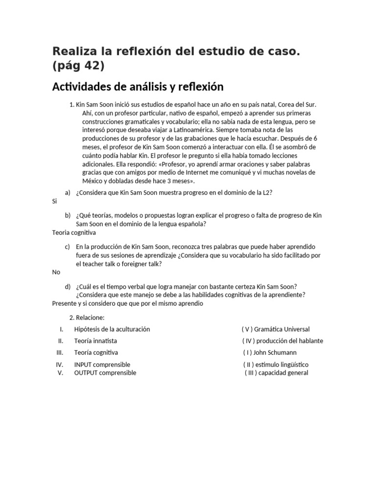 Progreso en el aprendizaje de español de Kin Sam Soon | PDF