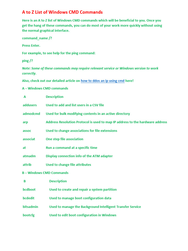 A to Z Windows CMD Commands List | PDF | Computer File | Windows Registry