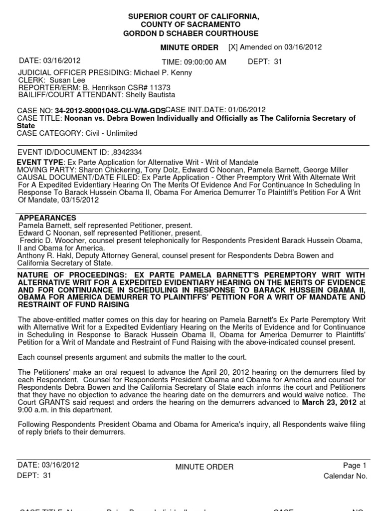 Court Minute Order: Noonan vs. Bowen | PDF | Demurrer | Ex Parte