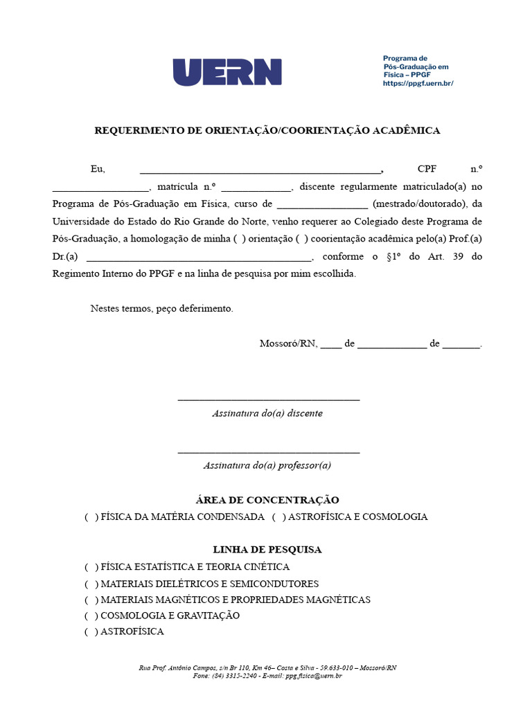 Requerimento de Orientação PPGF Física | PDF