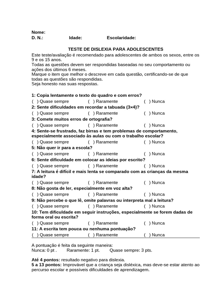 Teste de Dislexia em Adolescentes | PDF | Dislexia