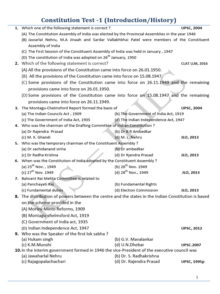 Constitution Test - 1 (Introduction History) | PDF
