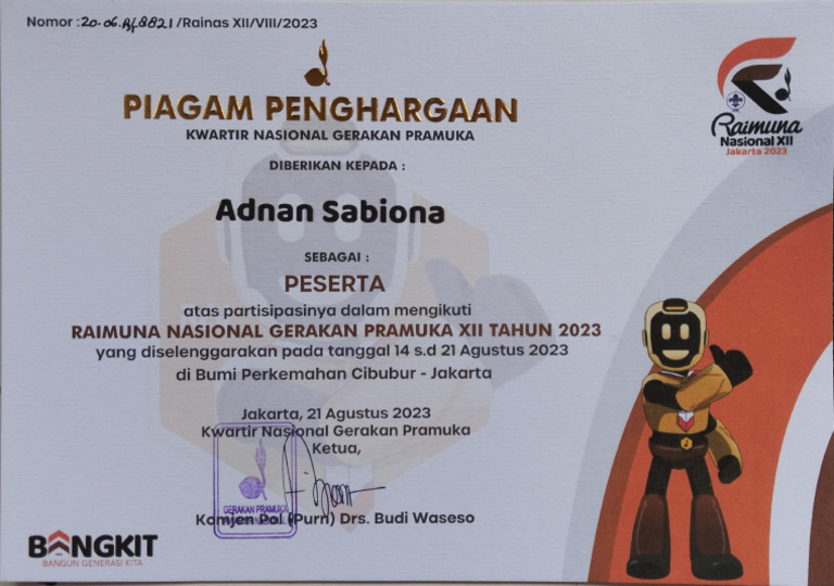 Piagam Penghargaan Peserta Raimuna Nasional 2023 | PDF