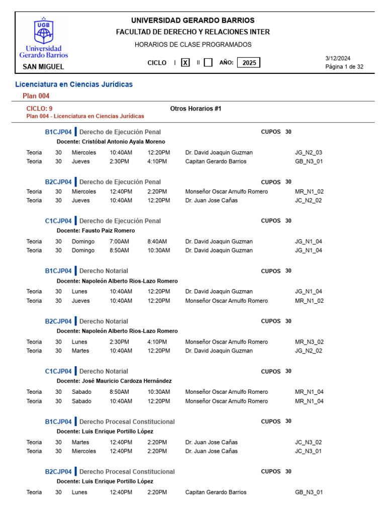 Horarios Clases Derecho 2025 - UGB | PDF | Metodología | Interacciones ...