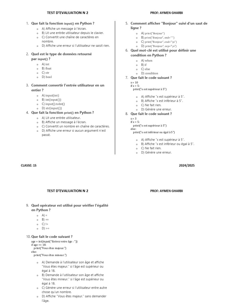 Test d'évaluation Python 1S | PDF | Python (Langage de programmation ...