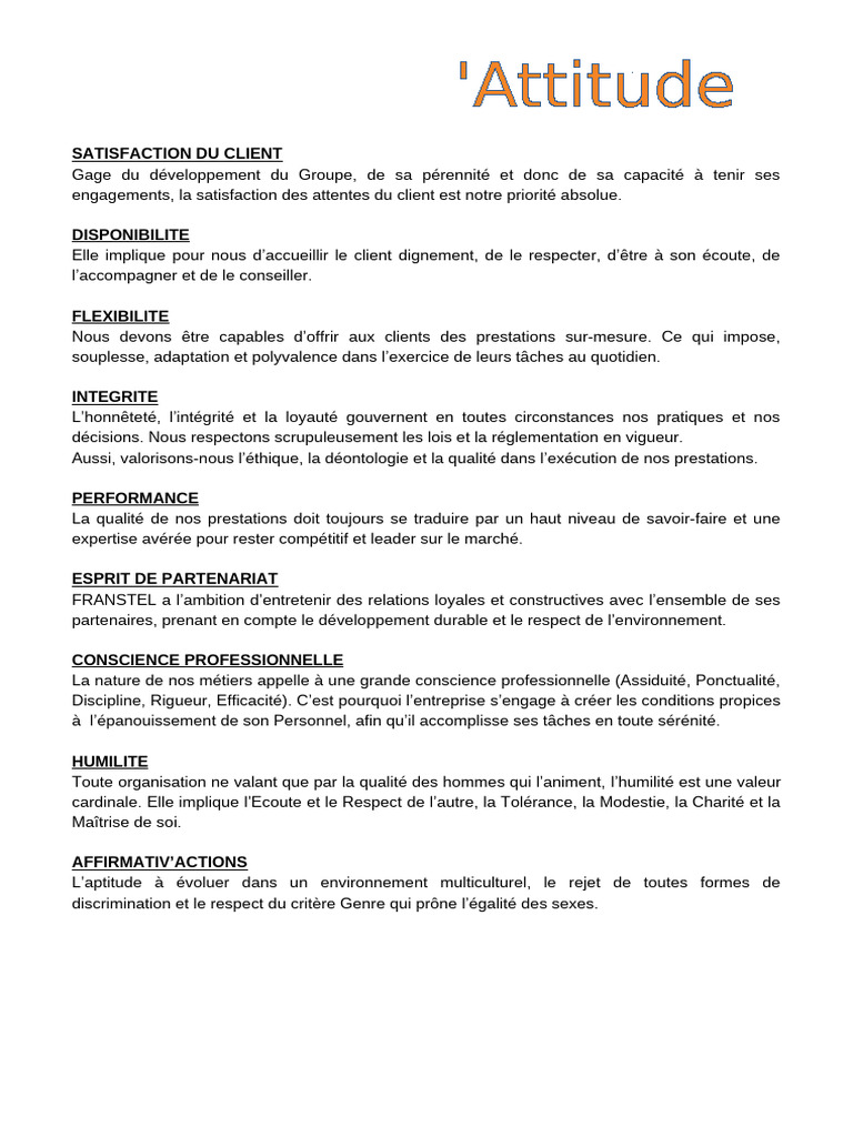 Charte des valeurs de l'entreprise FRANSTEL | PDF