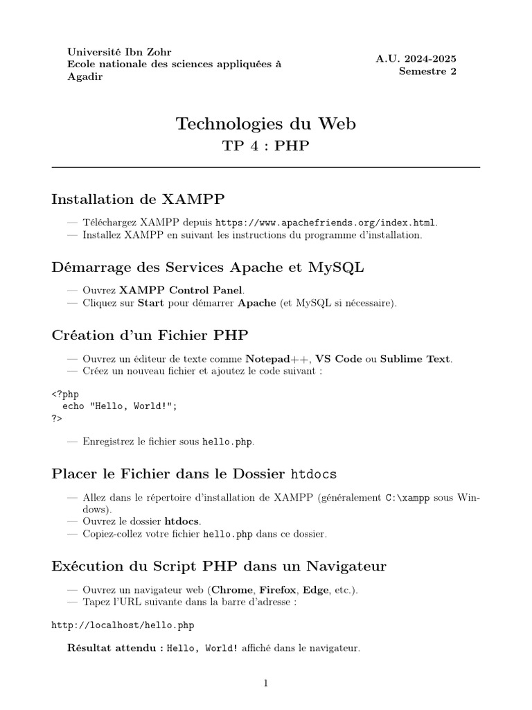 Guide d'installation et exercices PHP | PDF | PHP | Html