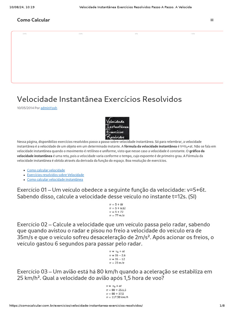 Velocidade Instantânea Exercícios Resolvidos | PDF | Velocidade | Aceleração, image size:768x1024