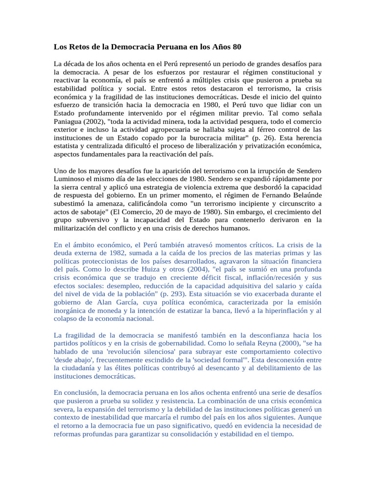 Los Retos de La Democracia Peruana en Los Años 80 | PDF | Perú | Democracia