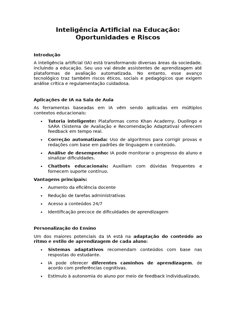 IA na Educação: Oportunidades e Riscos | PDF | Inteligência artificial ...