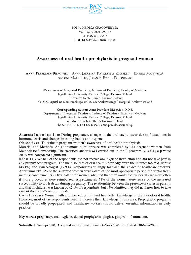 Oral Health Awareness in Pregnant Women | PDF | Dentistry | Clinical ...